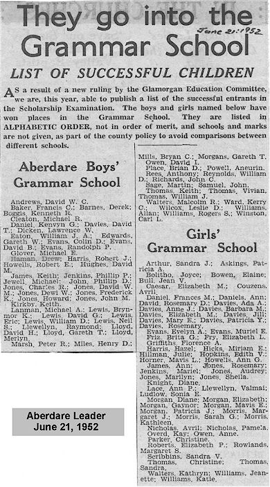 11 plus passes Aberdare 1952