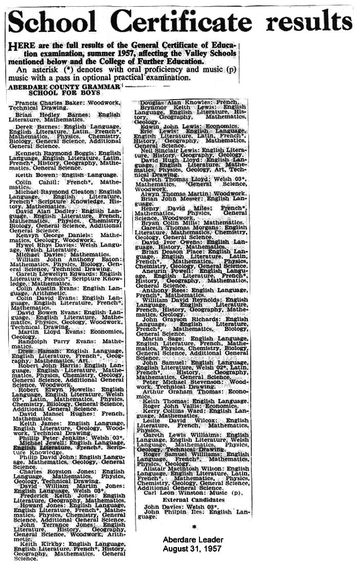 Aberdare Boys Grammar School GCE O Level Results 1957